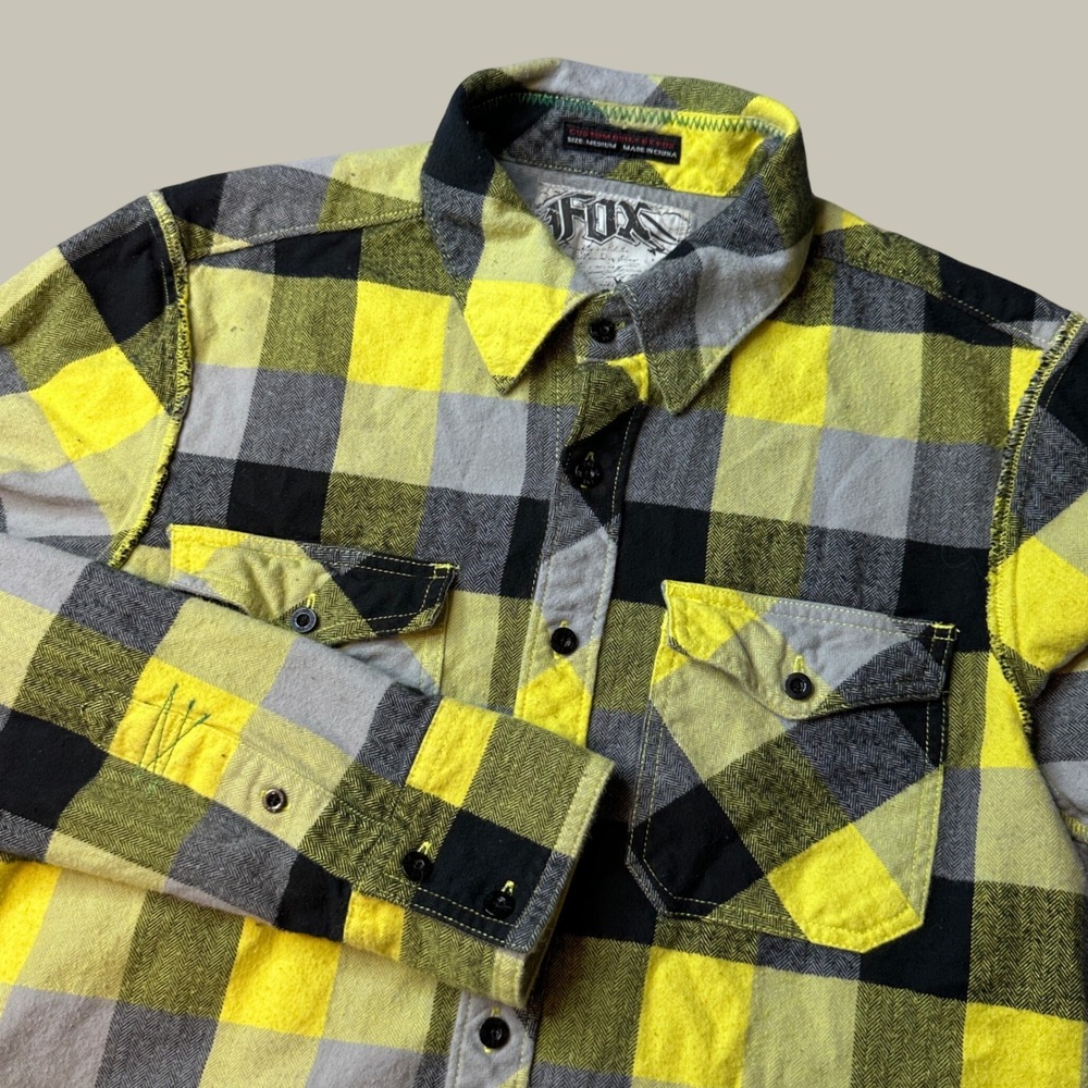 Fox Racing Shirt Mens Medium Fox Deluxe Yellow Black Plaid Button Down Flannel